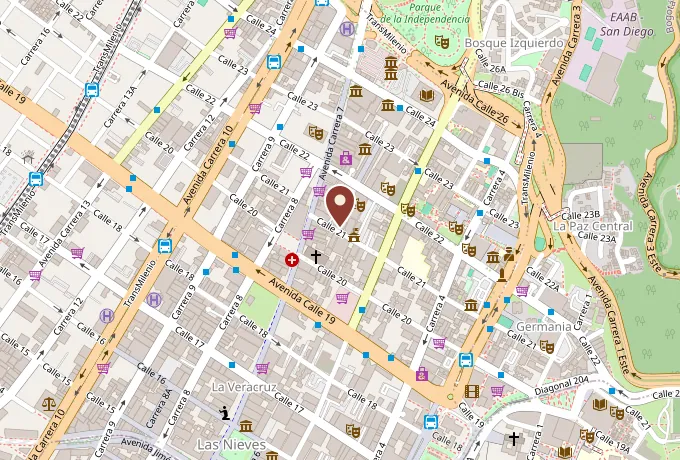 Mapa de la ubicación de la sede: Calle 21 en el barrio Las Nieves, centro de Bogotá